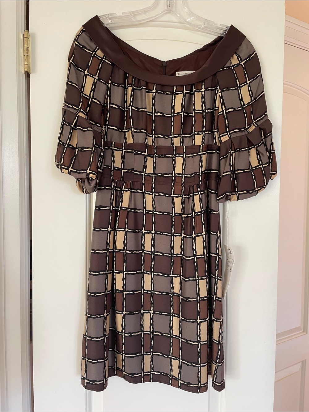 Nanette Lepore Brown and Cream Plaid Puff-Sleeve Mini Dress